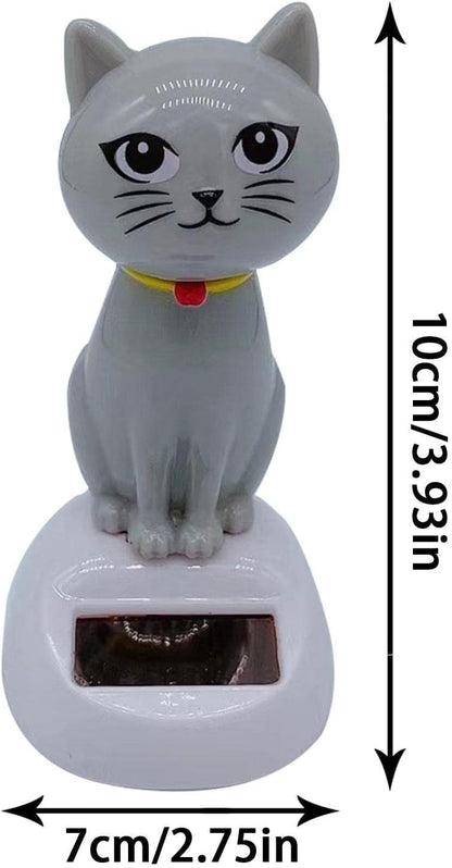 Gray swinging solar cat figurine statue close up showcasing the built in solar panel base