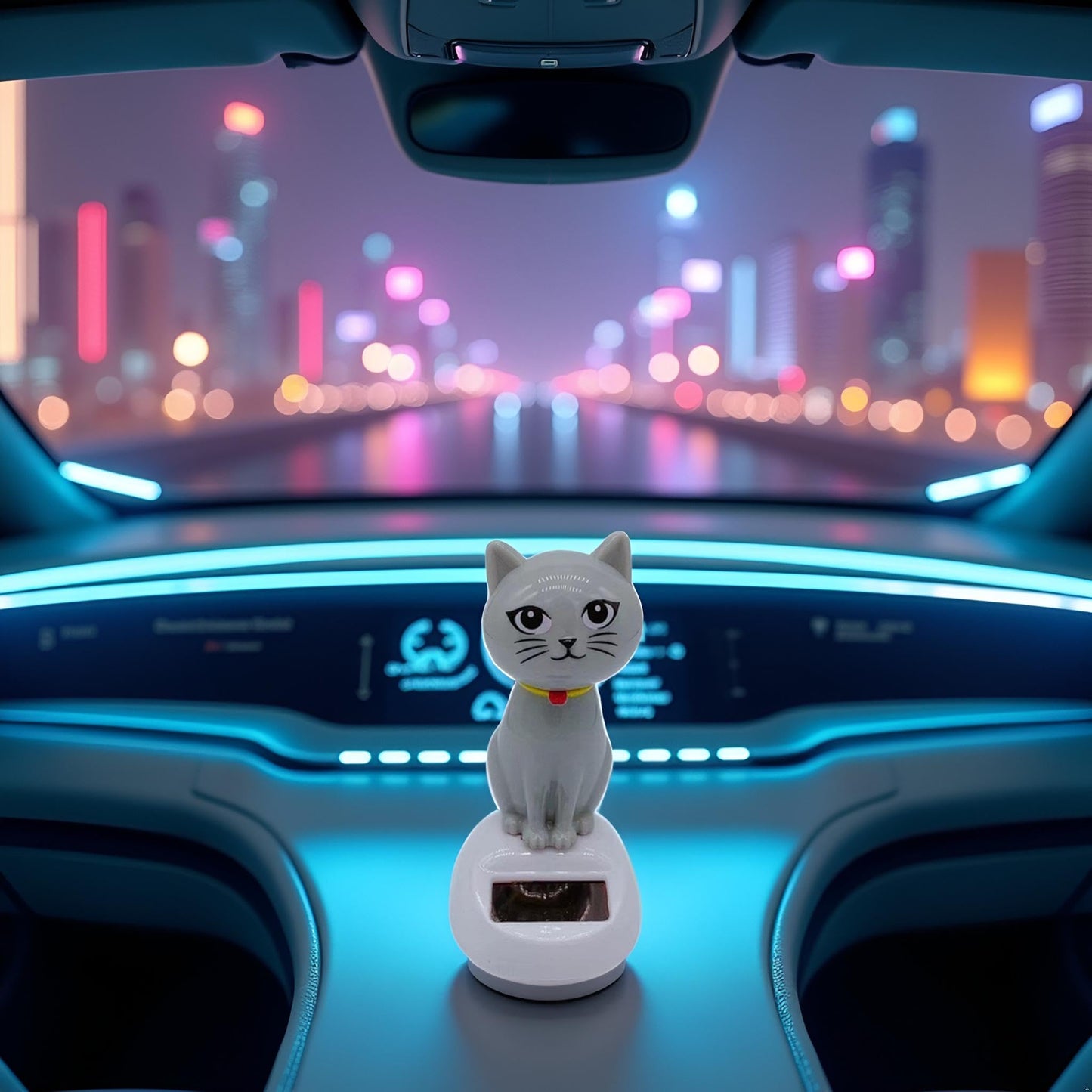 Compact ten centimeter solar powered moving cat doll placed on a sunny office desk