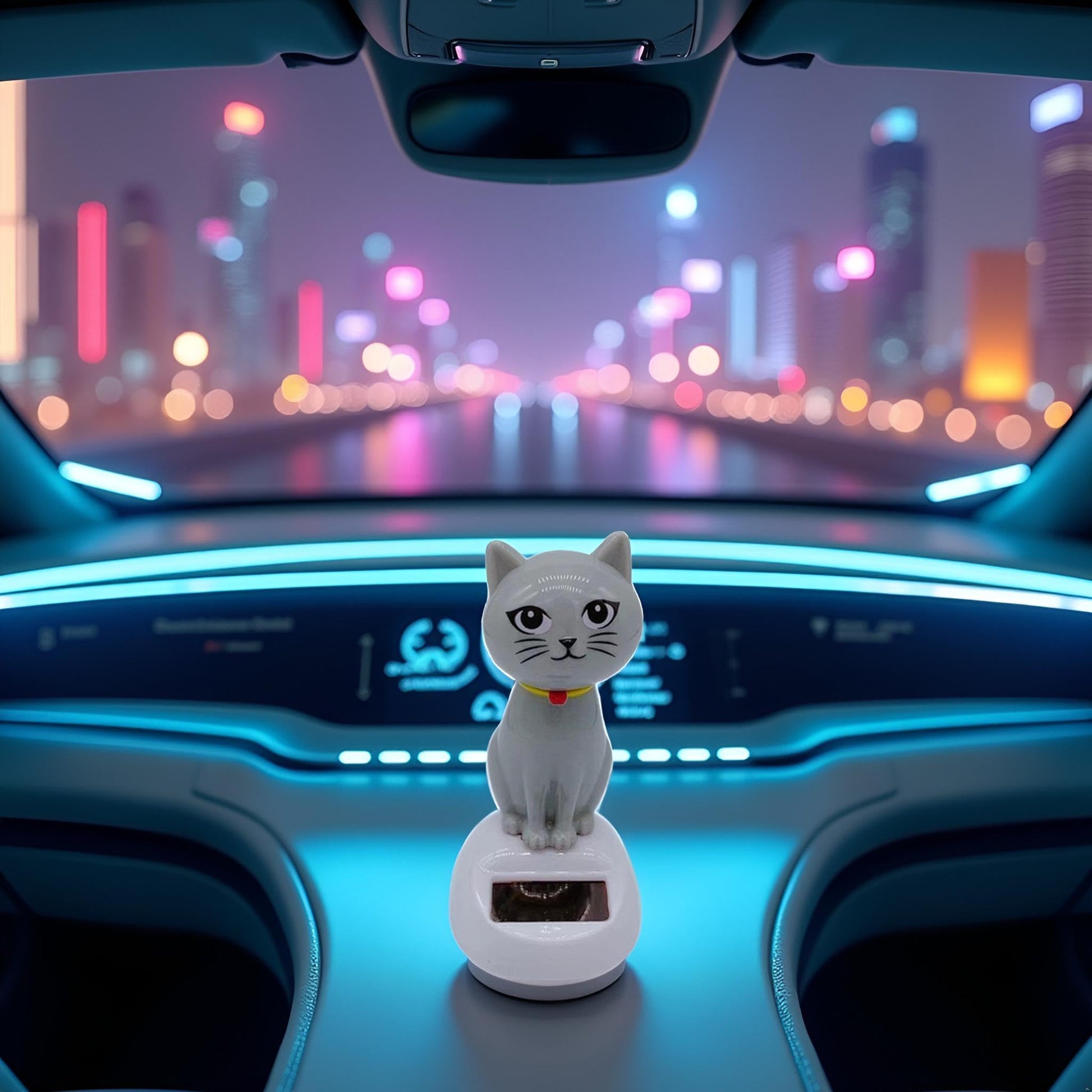 Compact ten centimeter solar powered moving cat doll placed on a sunny office desk