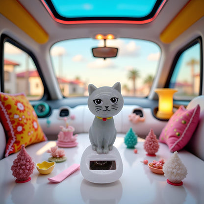 Side view of the swinging cat desktop ornament under bright indoor light