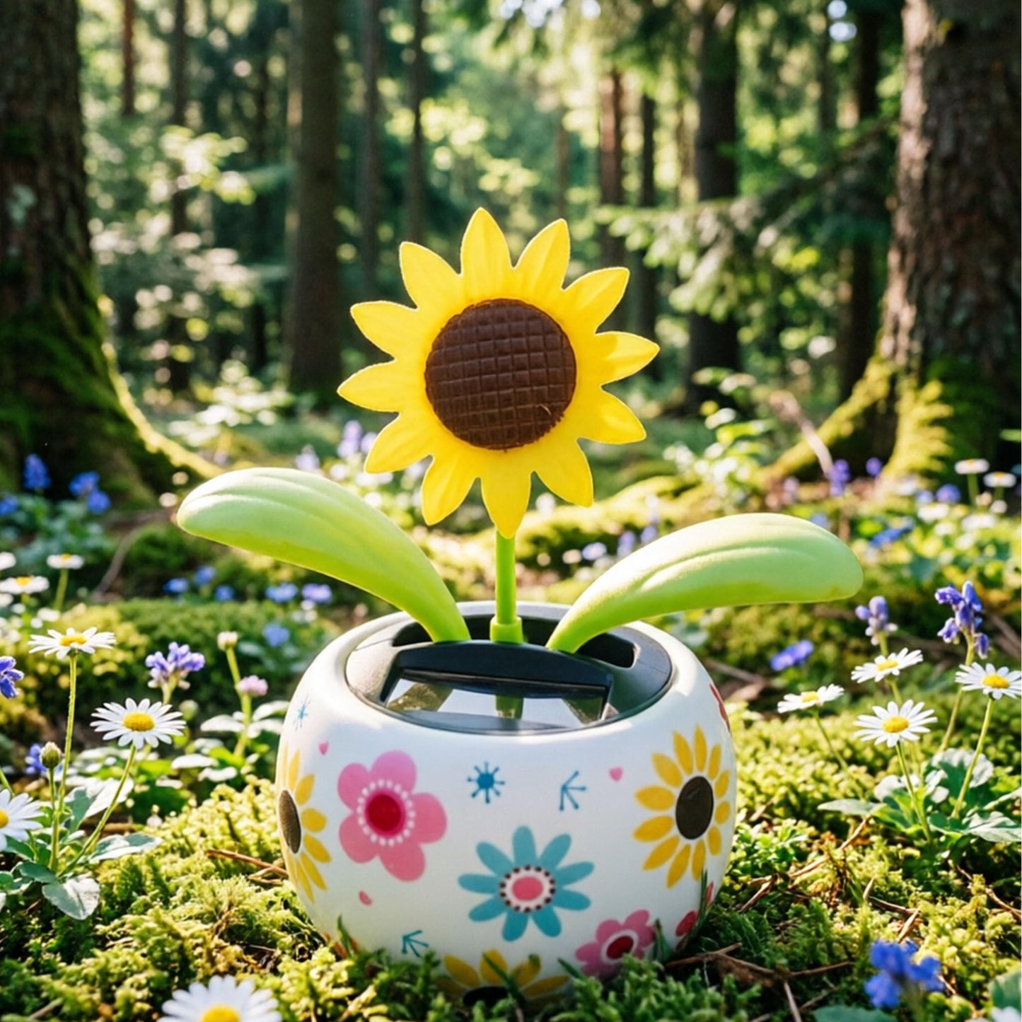 Joyful shaking head sunflower table ornament lifestyle presentation