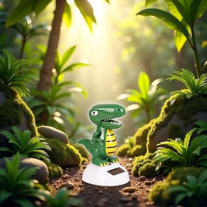Juroicessry solar swinging dinosaur figurine close-up highlighting the green and yellow plastic details.
