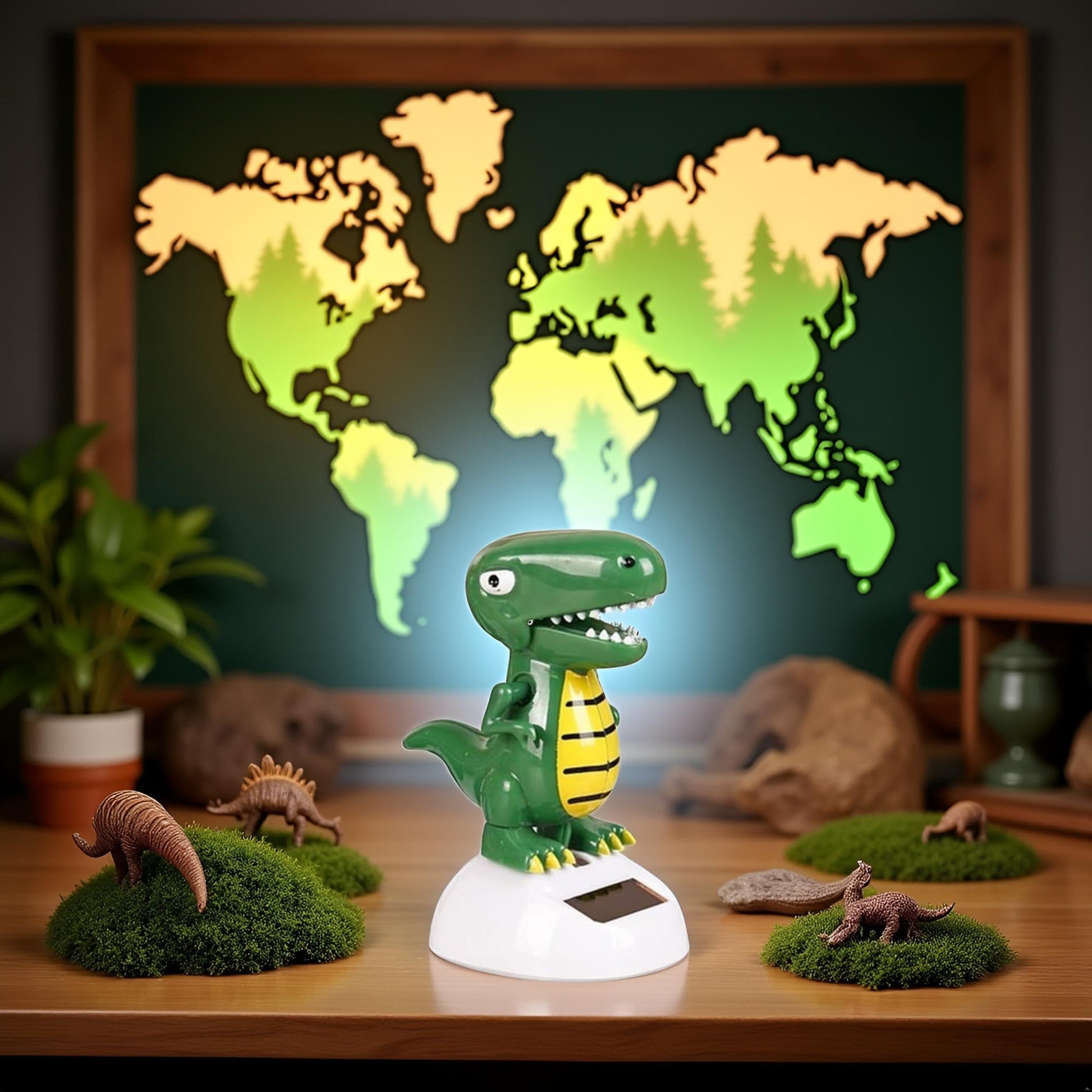 Juroicessry eco-friendly dancing dinosaur showing the compact base plate for desk mounting.