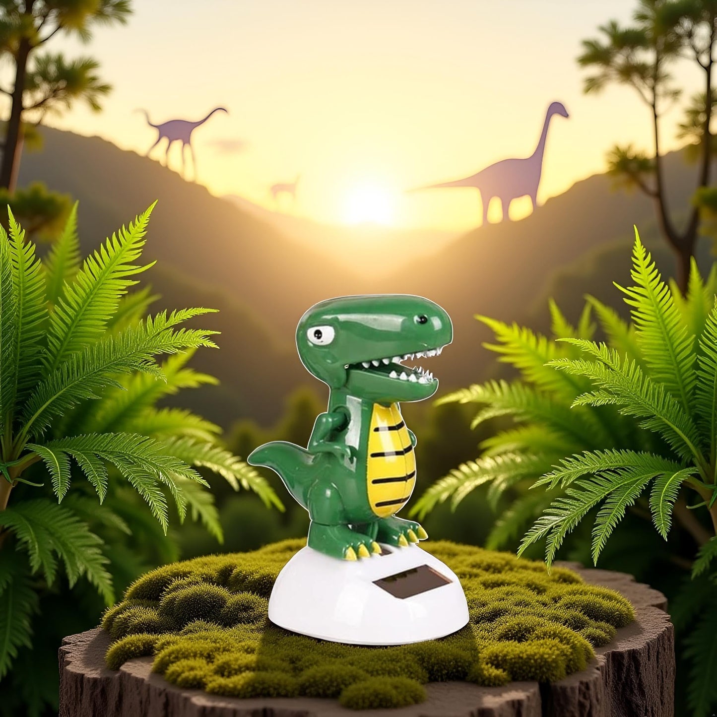 Juroicessry green dinosaur swinging novelty ornament demonstrating battery-free renewable energy action.