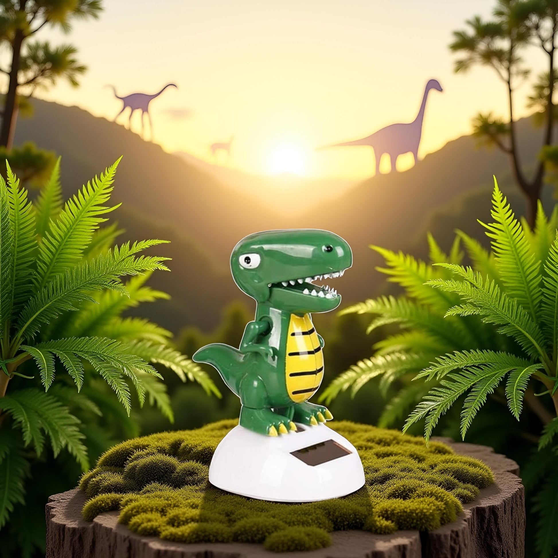 Juroicessry green dinosaur swinging novelty ornament demonstrating battery-free renewable energy action.