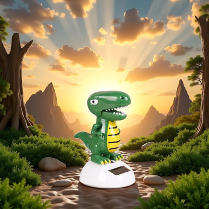 Juroicessry 4.6-inch solar powered dinosaur dancer from a side angle showing mechanical pivot structure.