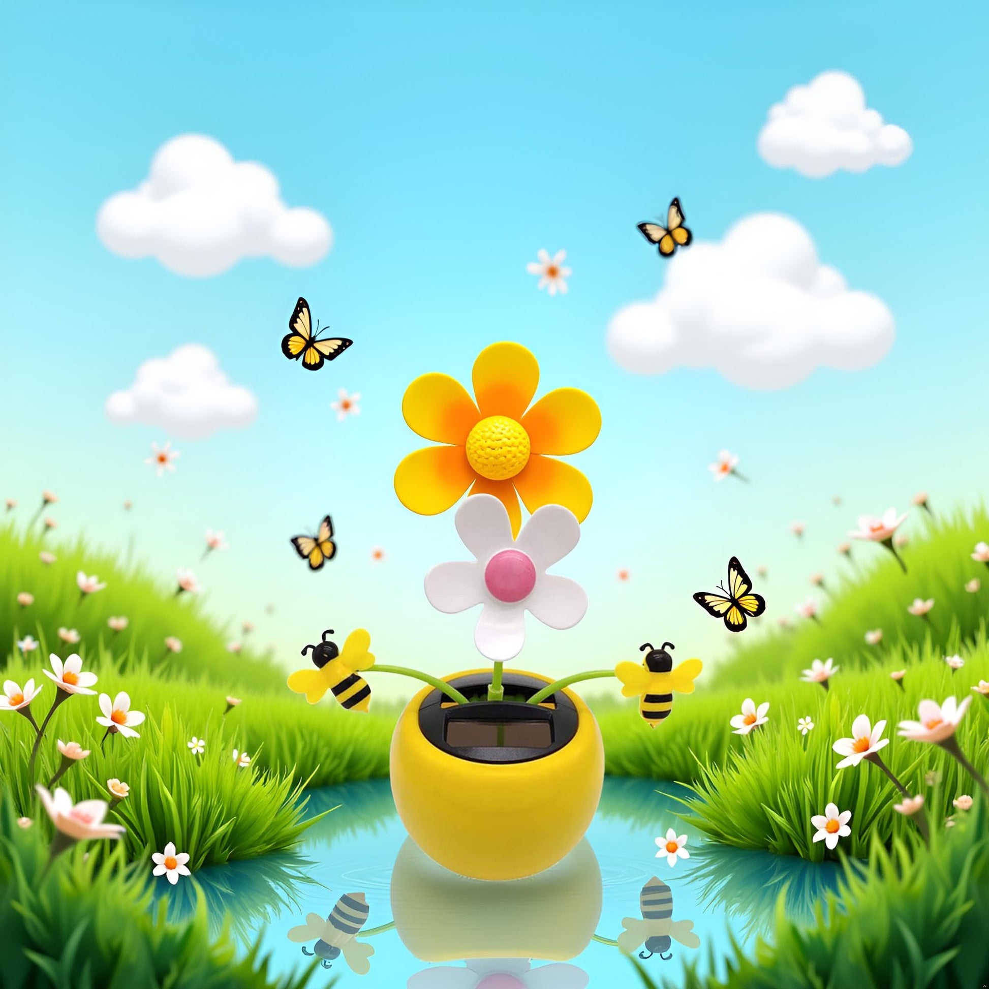 Solar powered dancing sunflower toy with swinging honey bee accent side angle
