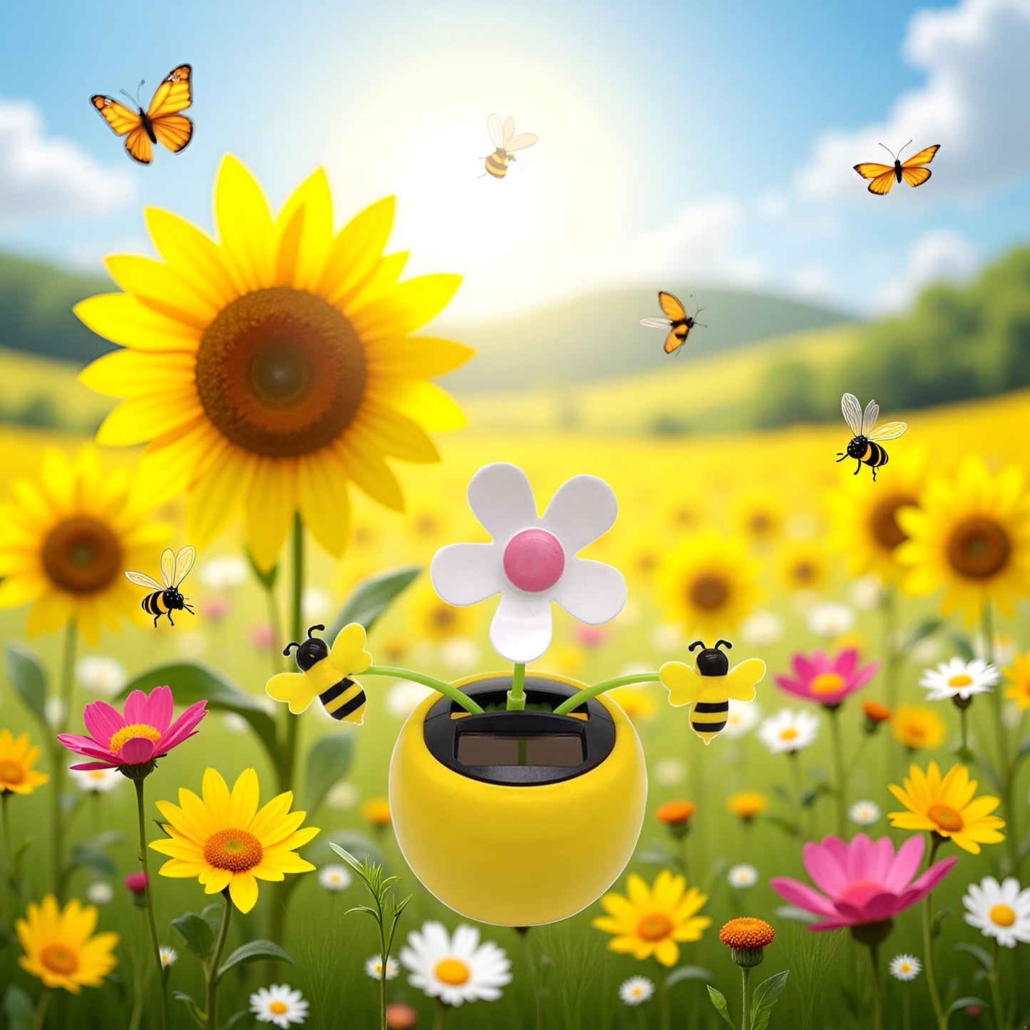 Eco friendly swinging flower car decoration showing built in solar panel base