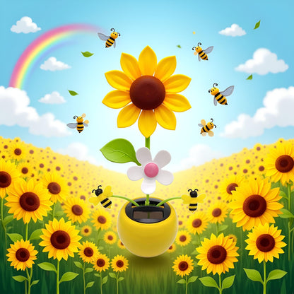 Zero maintenance solar dancing flower lifestyle setup on an office desk