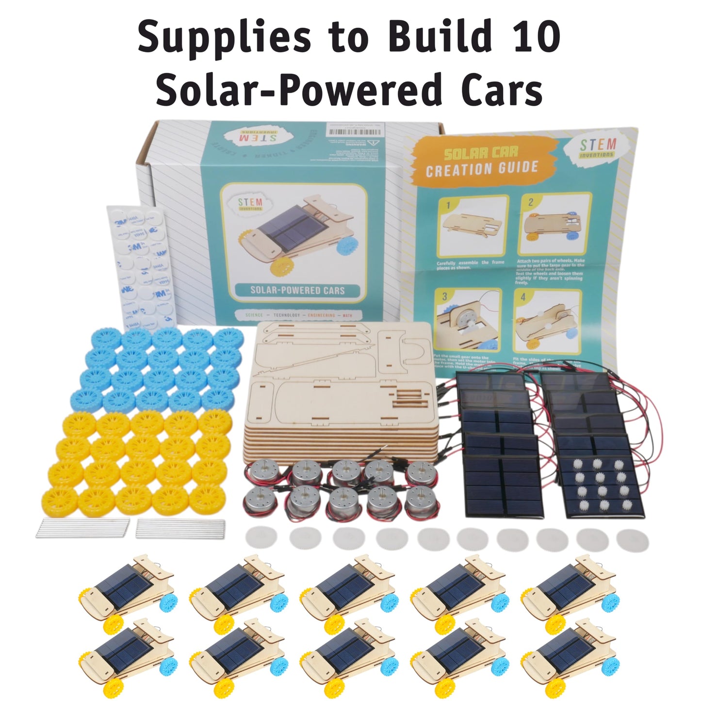 Assembled DIY wooden solar car showing the connected solar panel and DC motor wiring details.