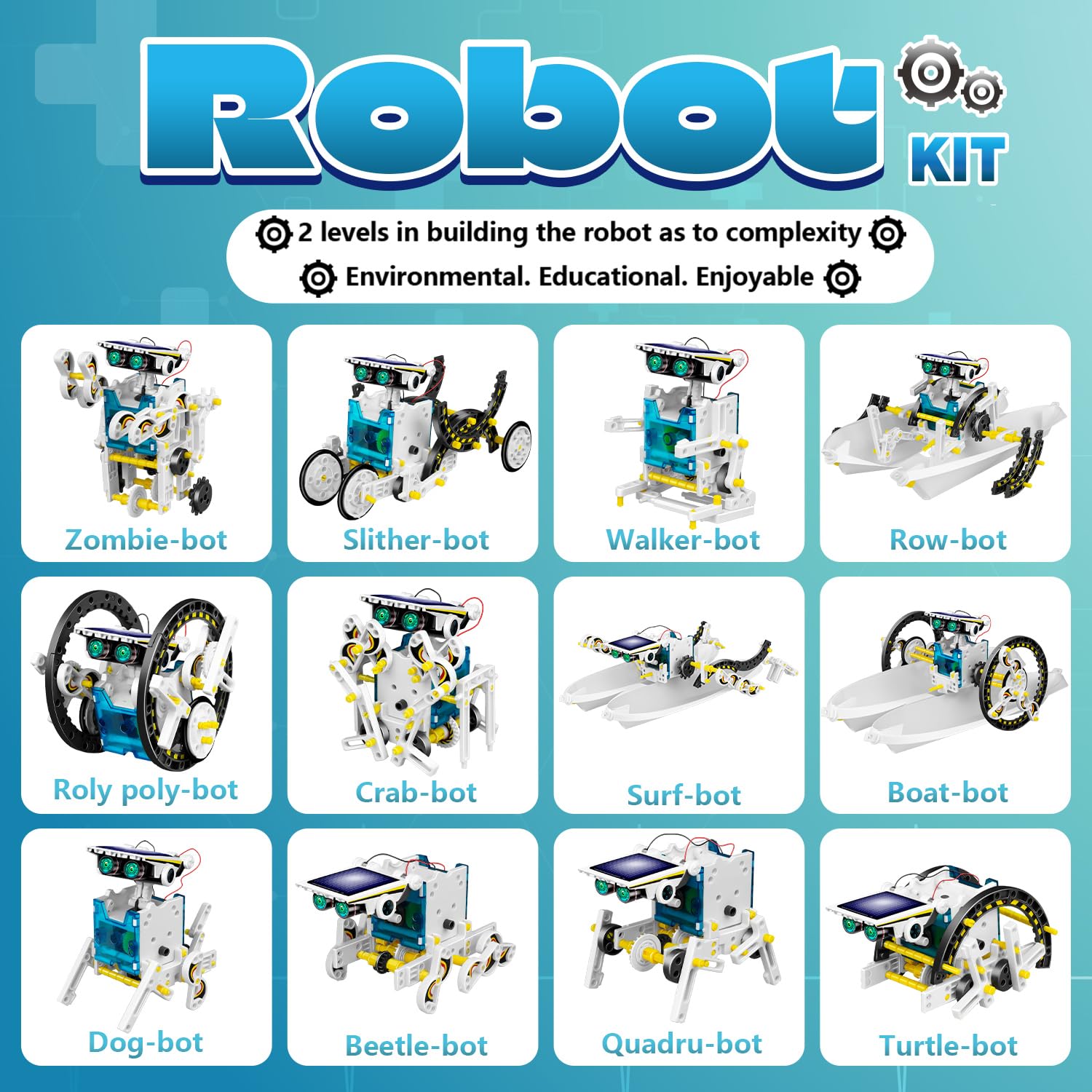 Detailed overview of the thirteen different land and water robot models built from the stem kit