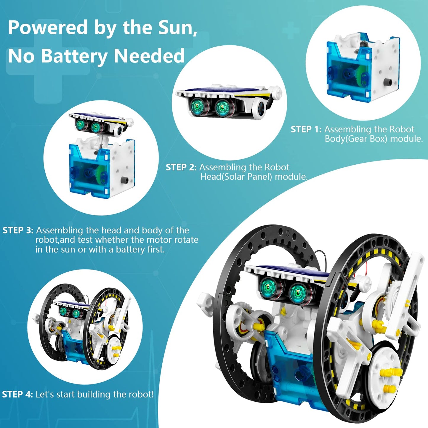 An assembled solar powered beetle robot crawling on a flat surface under direct sunlight
