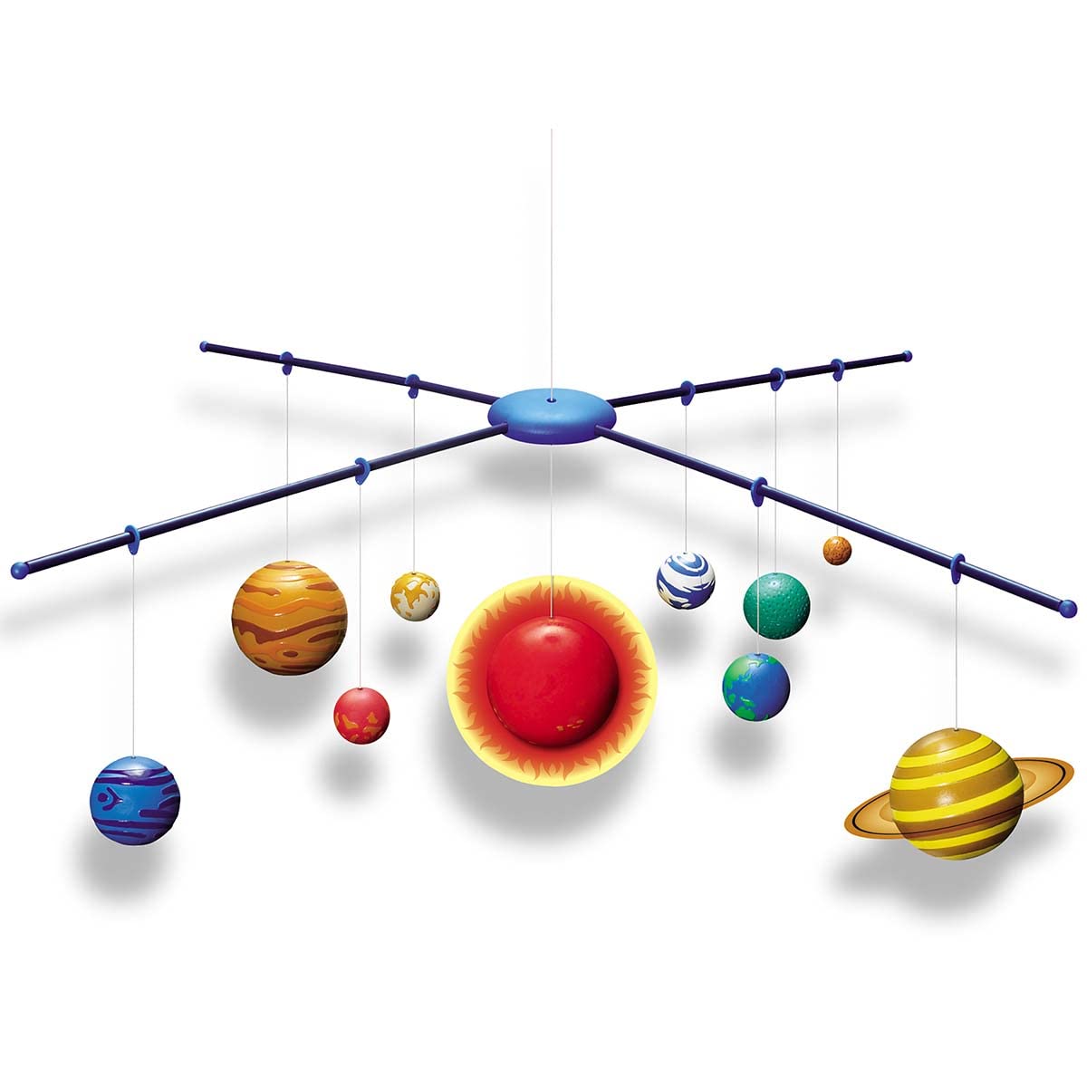 Assembled 4M planetary model hanging from the ceiling glowing brilliantly in a dark room