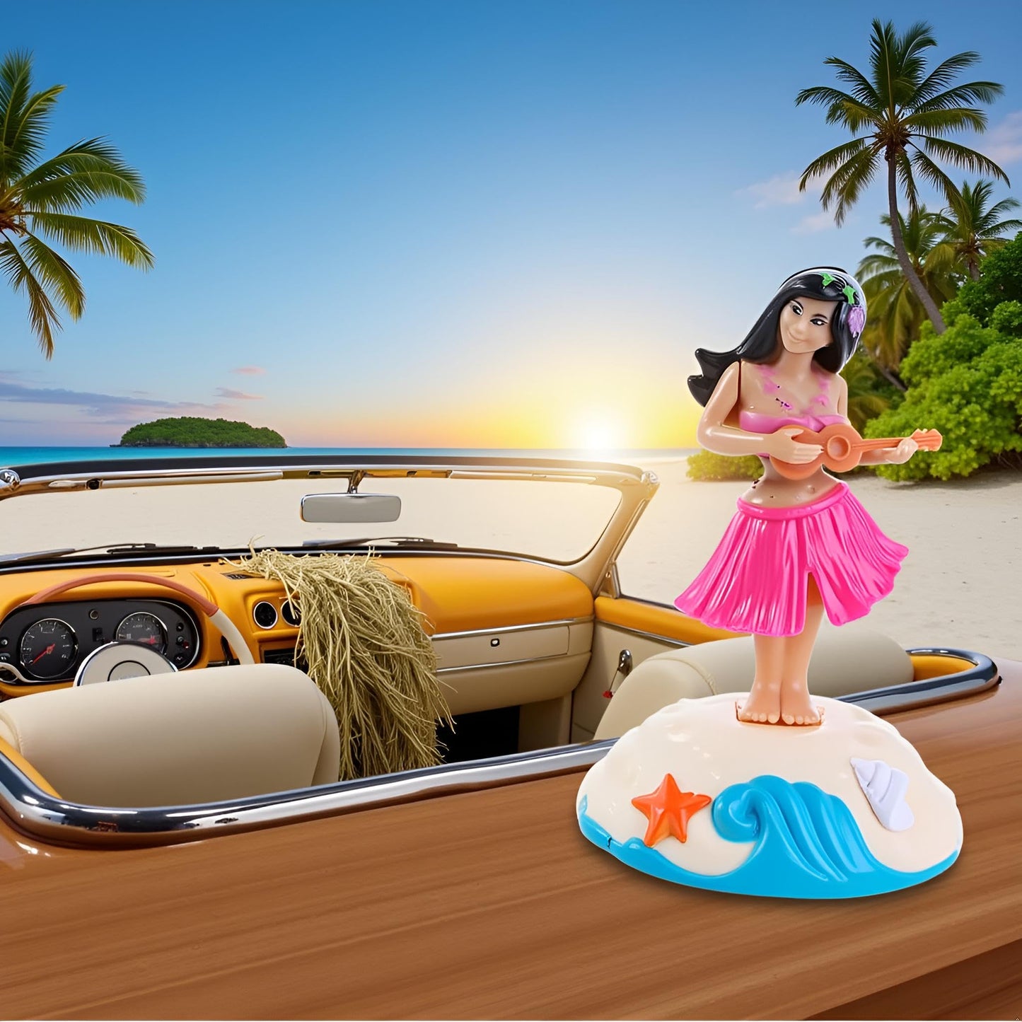 PurYupearl pink grass skirt solar dancing figurine placed on car dashboard