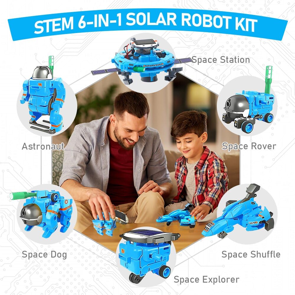 Hechify 6-in-1 solar robot kit displaying the space station configuration assembled and operating under direct sunlight.