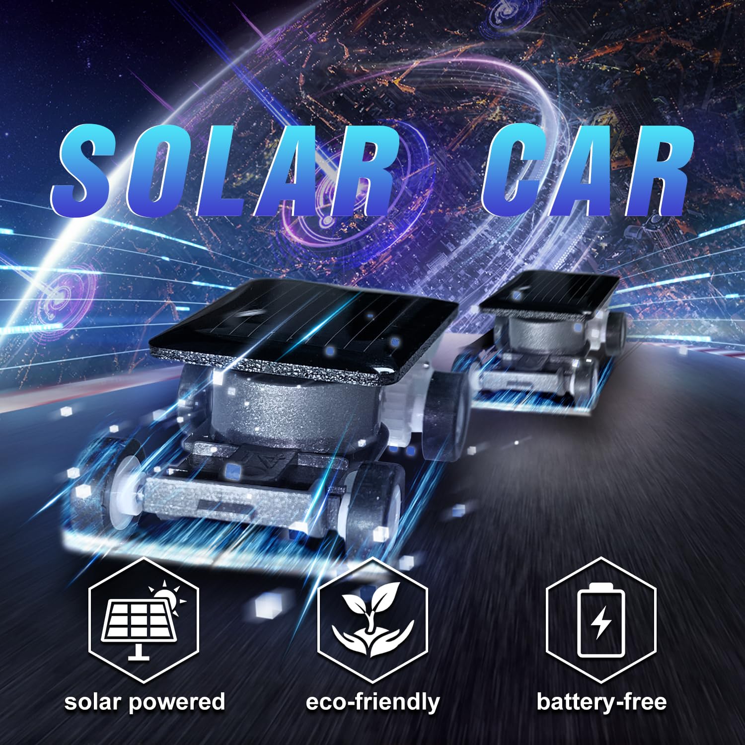 Top down look at the eco-friendly miniature vehicle emphasizing the compact photovoltaic panel design for STEM learning.