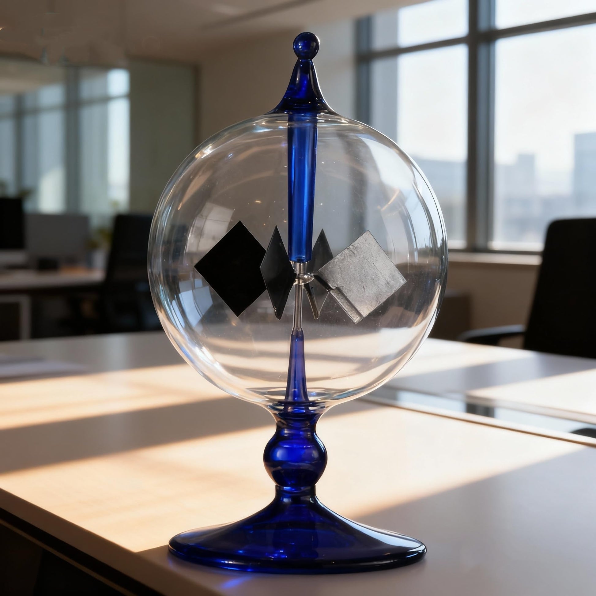 Close up of the four internal spinning vanes inside the blue glass radiometer bulb