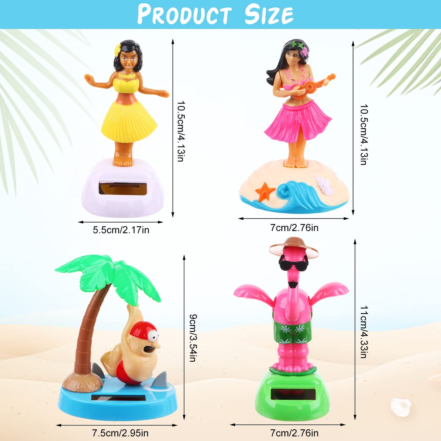 Four distinct styles of Hawaiian hula girl and flamingo solar powered figurines side by side