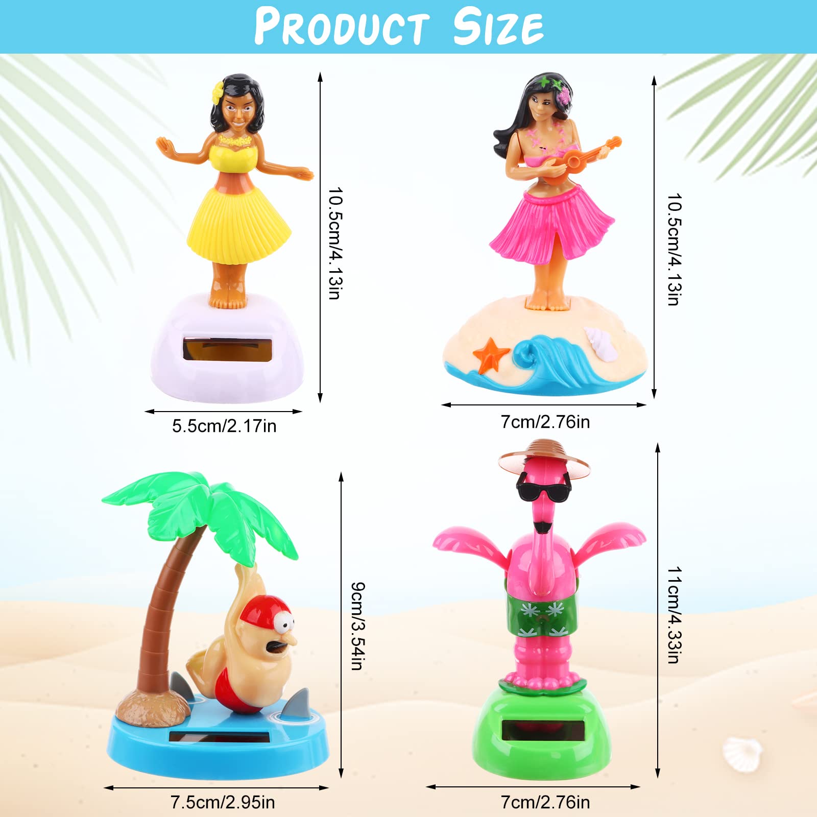 Four distinct styles of Hawaiian hula girl and flamingo solar powered figurines side by side