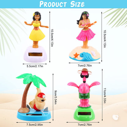 Four distinct styles of Hawaiian hula girl and flamingo solar powered figurines side by side