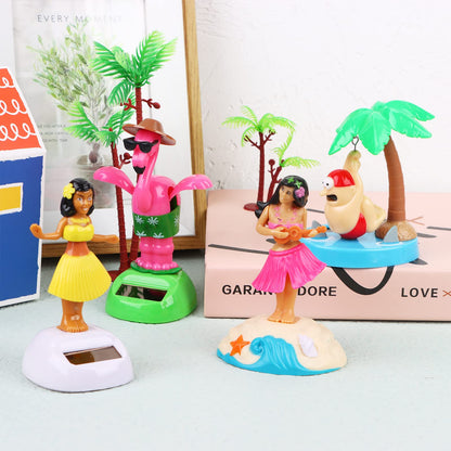 Close up view of the integrated solar strip on the base of the tropical bobblehead doll