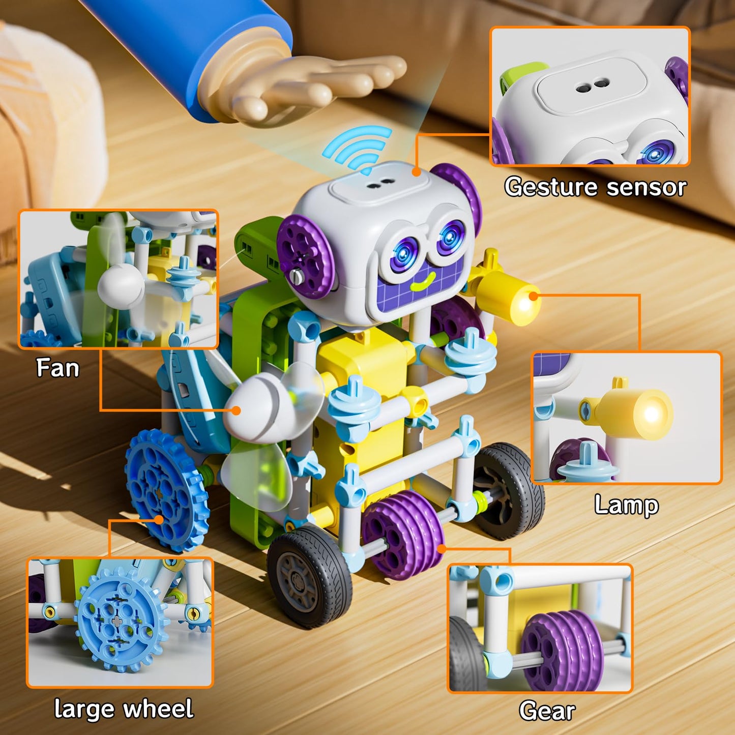 Assembled motorized robot model from the robotics science kit operating outdoors under direct sunlight.