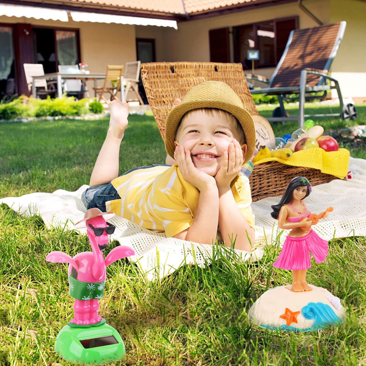 Durable multi colored plastic flamingo solar toy with flapping wings exposed to sunlight