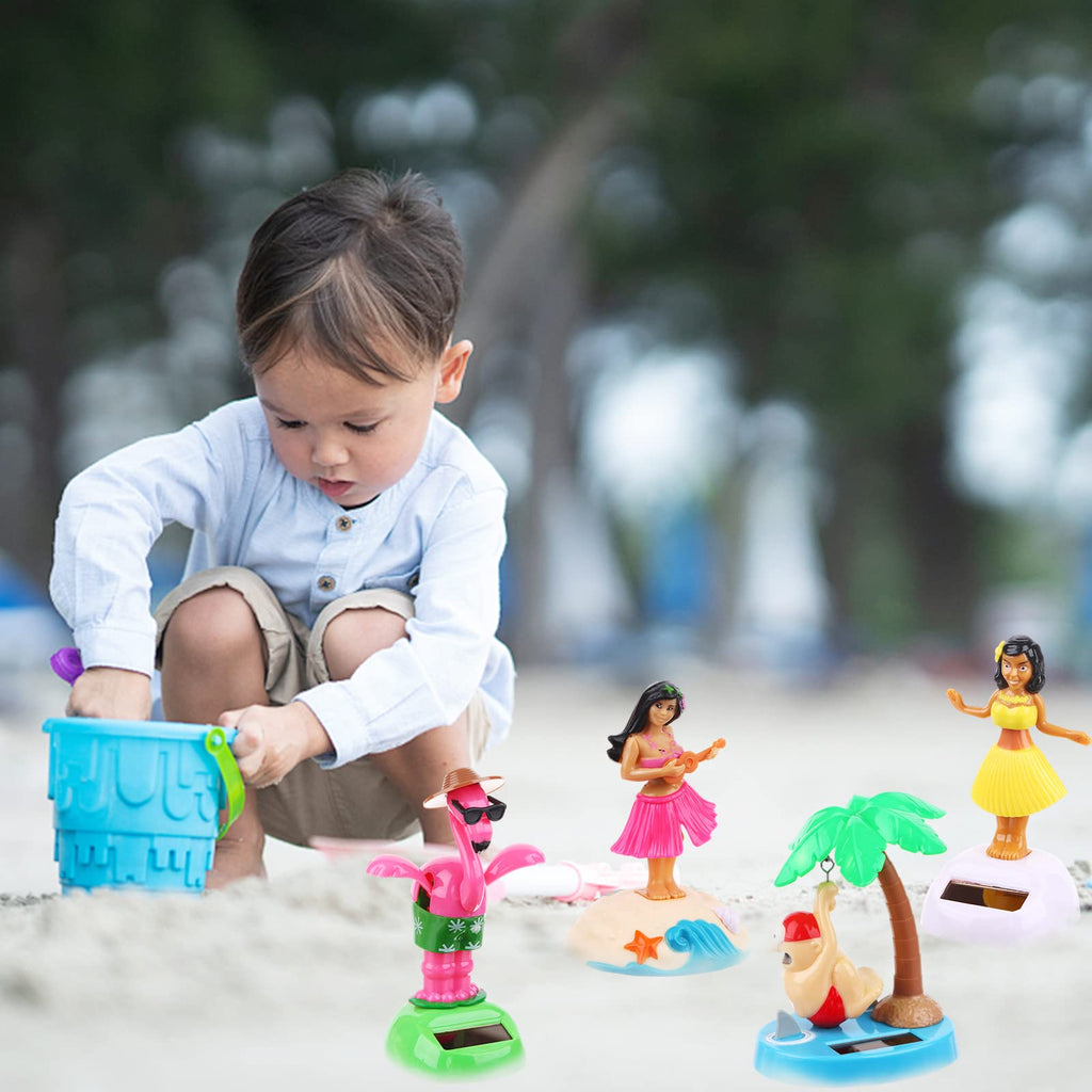 Compact solar powered Hawaiian theme figurines placed on a sunlit home windowsill surface