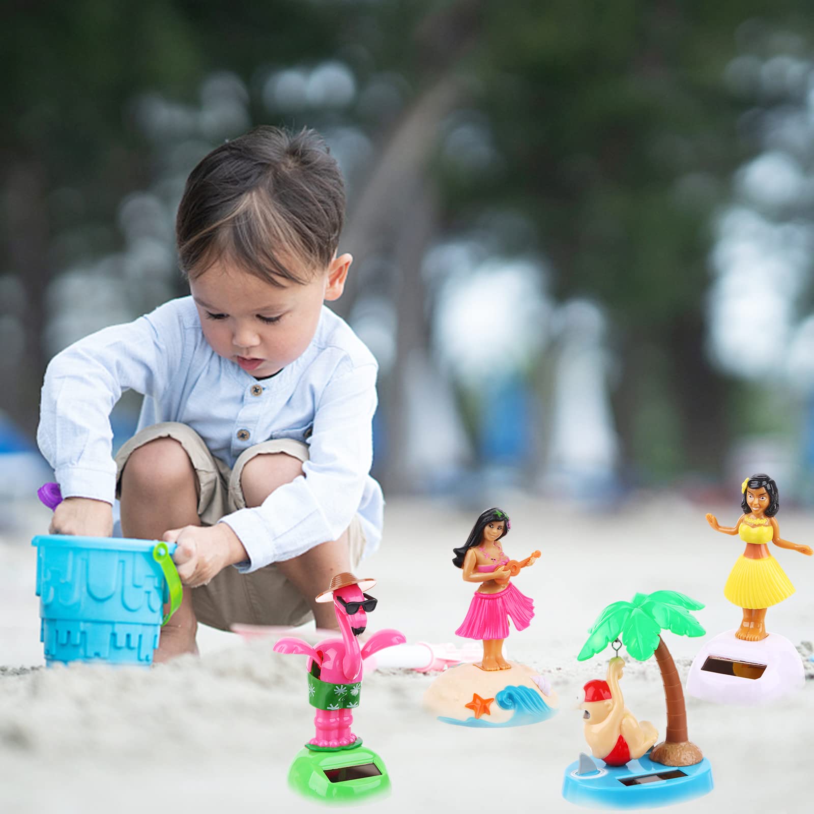Compact solar powered Hawaiian theme figurines placed on a sunlit home windowsill surface