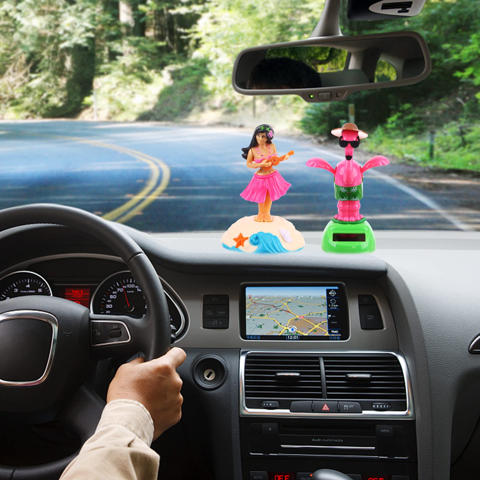 Eco friendly battery free solar dashboard figurines showing double sided adhesive installation process