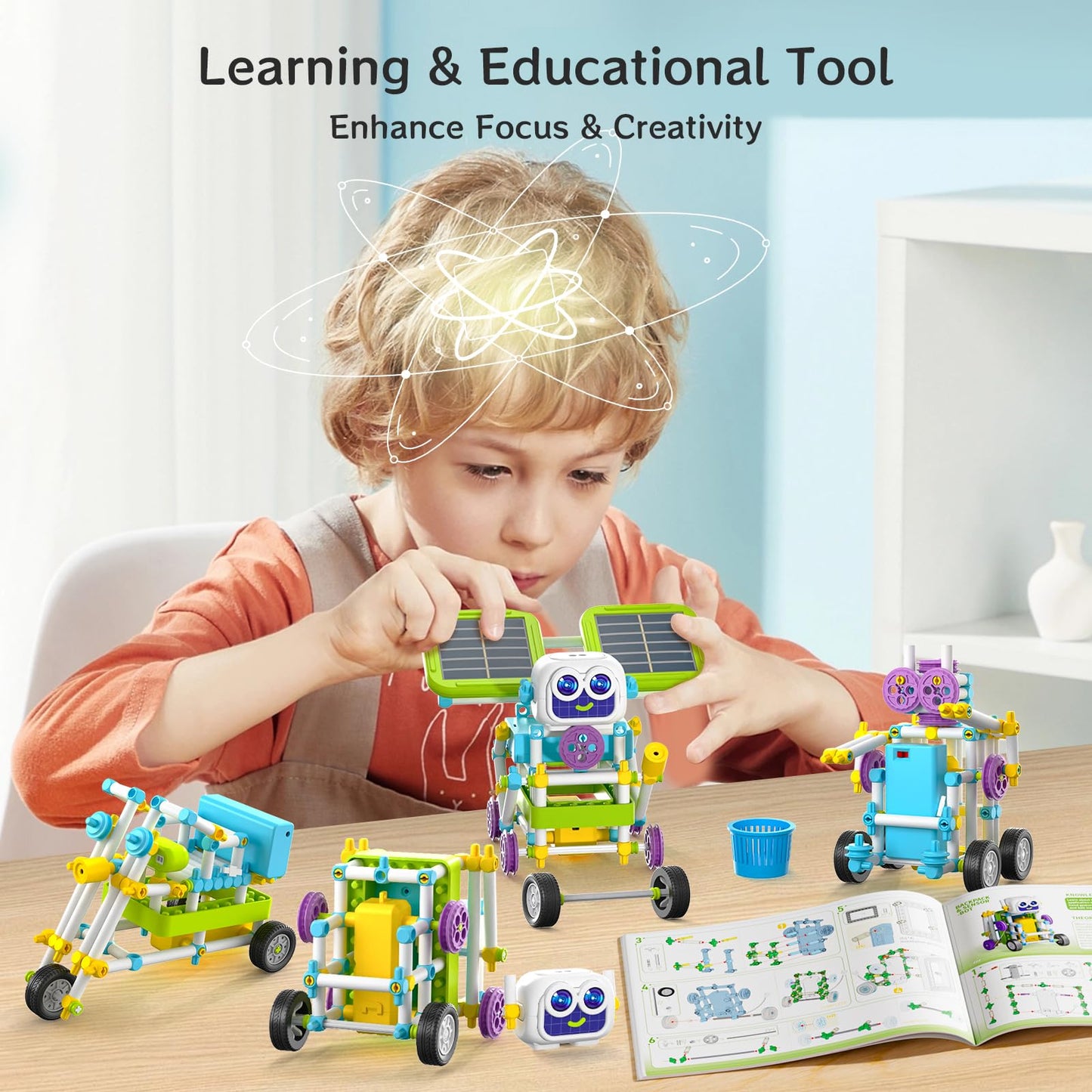 Multiple different robot variations built from the 36 in 1 creative science project toy package.