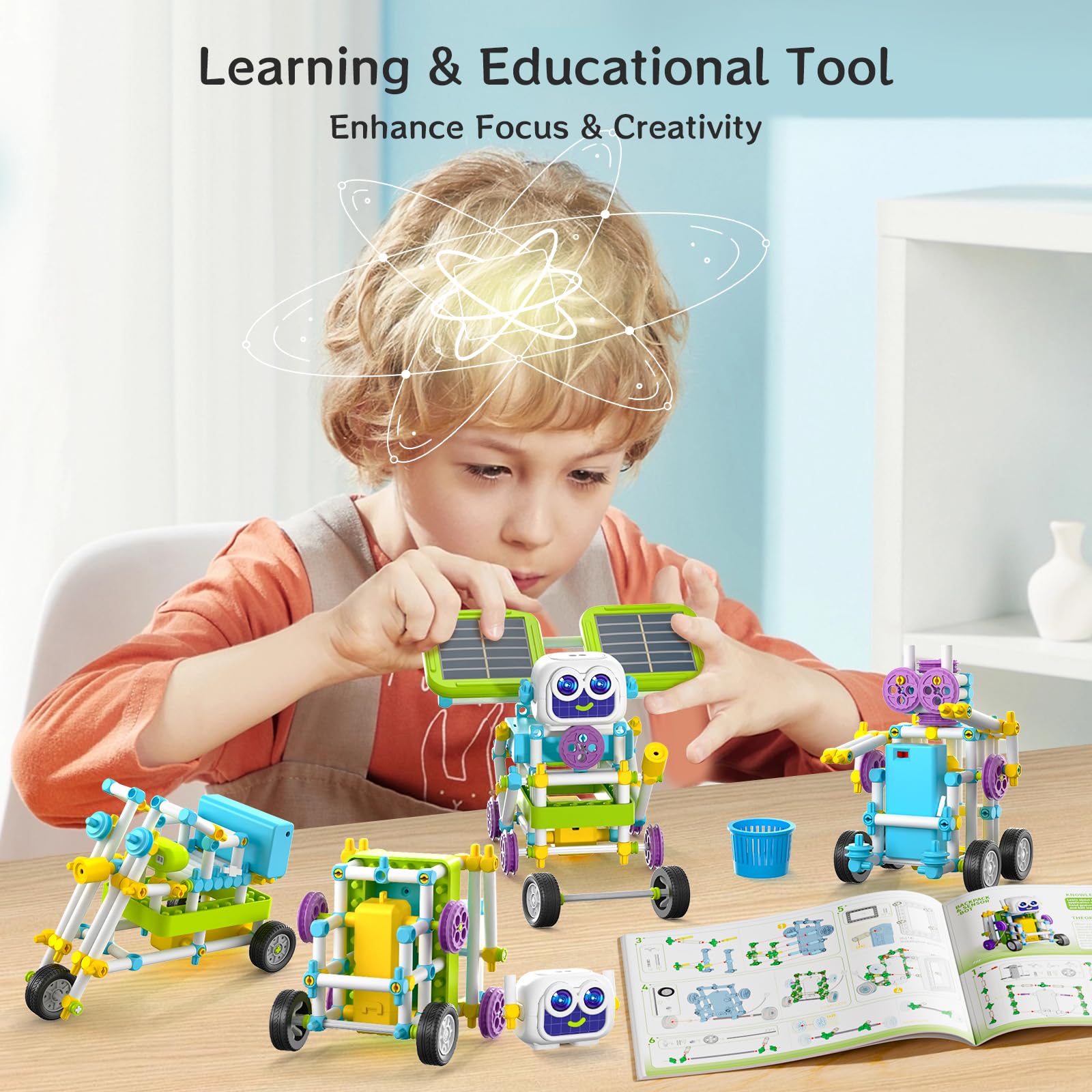 Multiple different robot variations built from the 36 in 1 creative science project toy package.