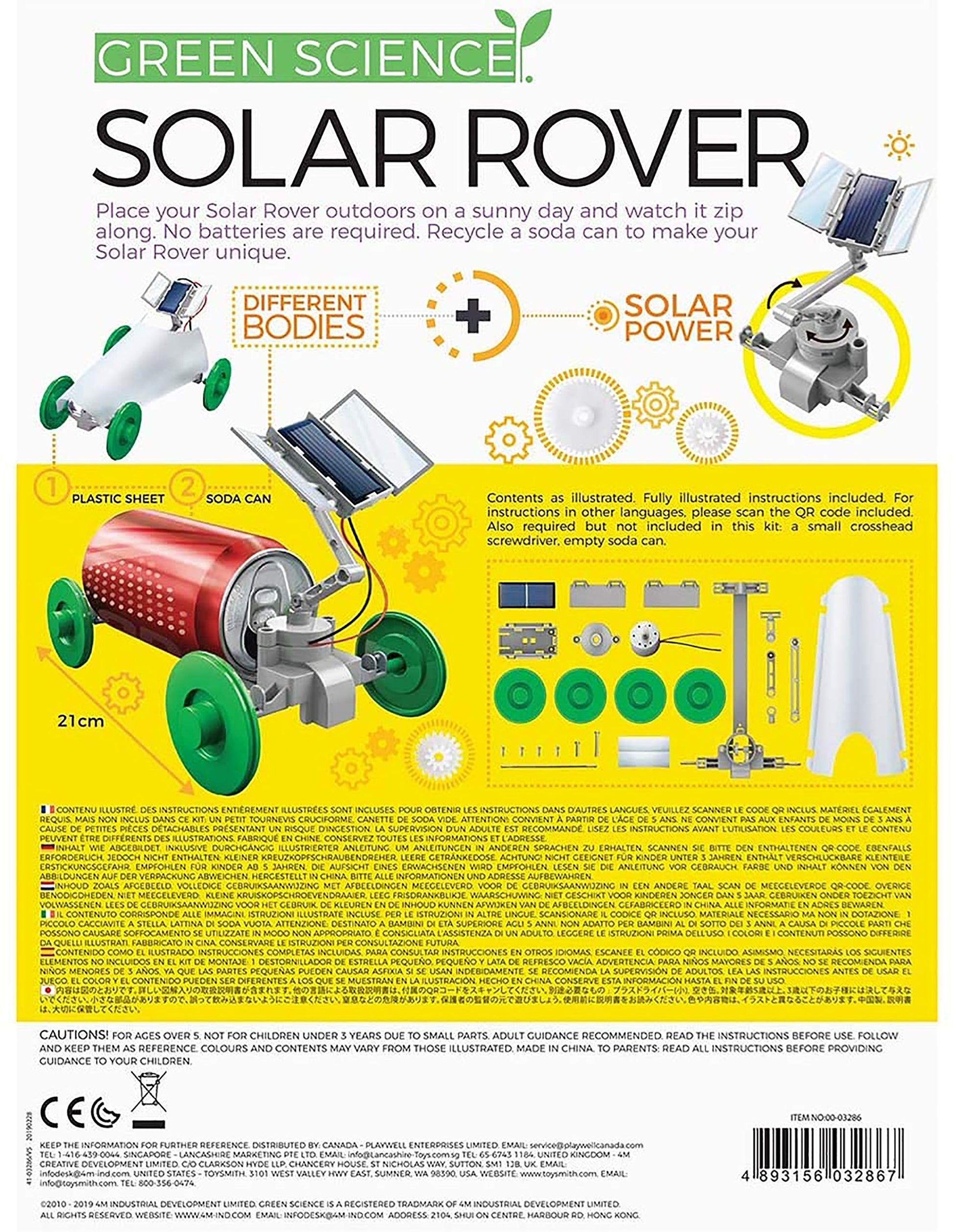 4M Solar Rover DIY science project components including the solar panel, motor wires, wheels, and chassis parts spread out.