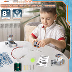 Lovinkiki 14-in-1 science kit components spread out highlighting the 191 durable ABS plastic pieces and solar panel.