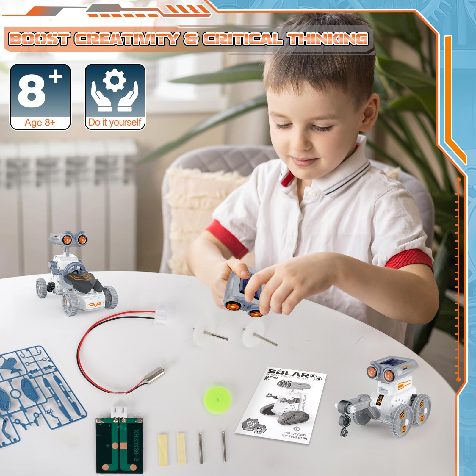 Lovinkiki 14-in-1 science kit components spread out highlighting the 191 durable ABS plastic pieces and solar panel.