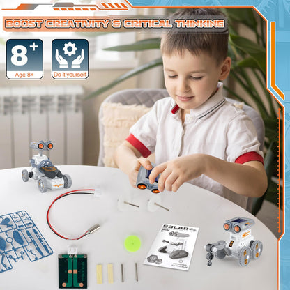 Lovinkiki 14-in-1 science kit components spread out highlighting the 191 durable ABS plastic pieces and solar panel.