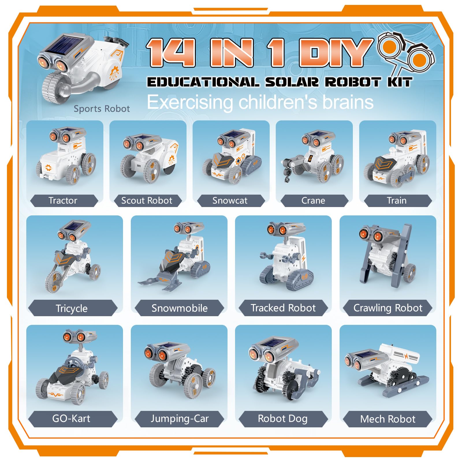 Infographic showing the transformation of the Lovinkiki STEM kit into 14 different unique motorized shapes.