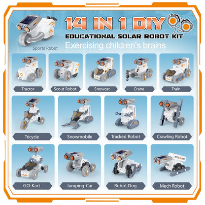 Infographic showing the transformation of the Lovinkiki STEM kit into 14 different unique motorized shapes.