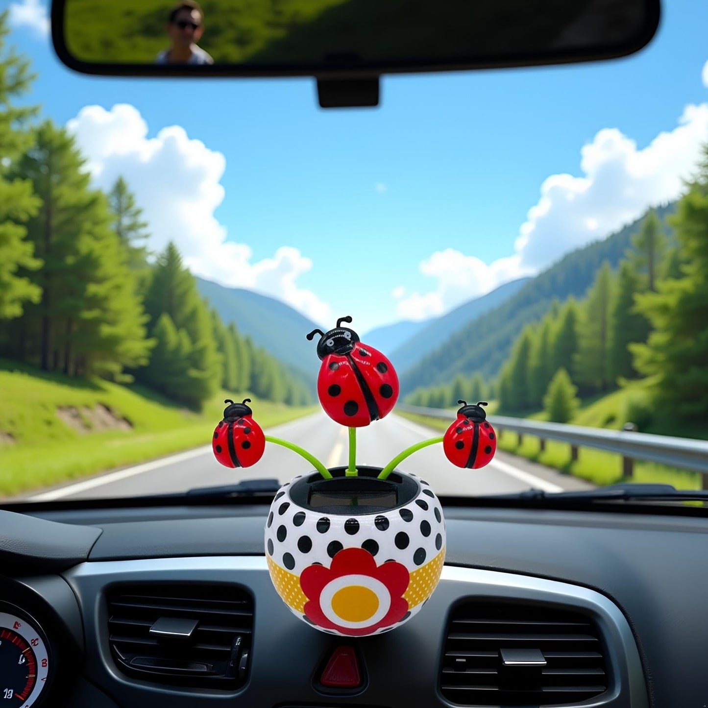 Close up of the solar panel base on the ladybug swinging dashboard figurine.