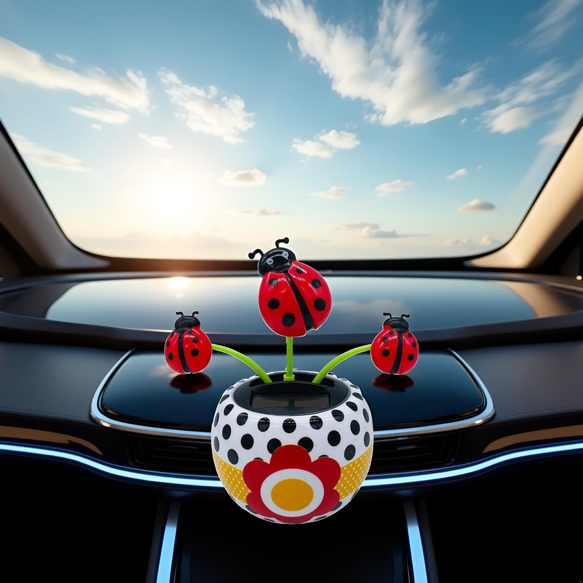 Side profile of the red insect and flower automatic bobblehead ornament.