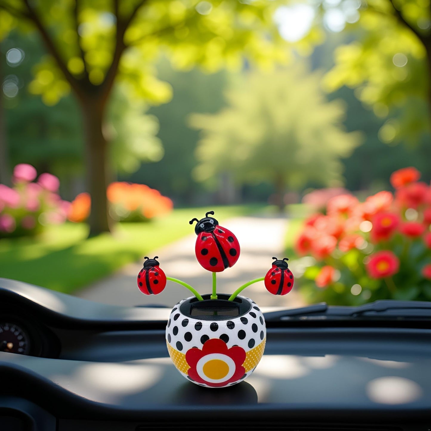 Premium acrylic ladybug car ornament moving without batteries in sunlight.