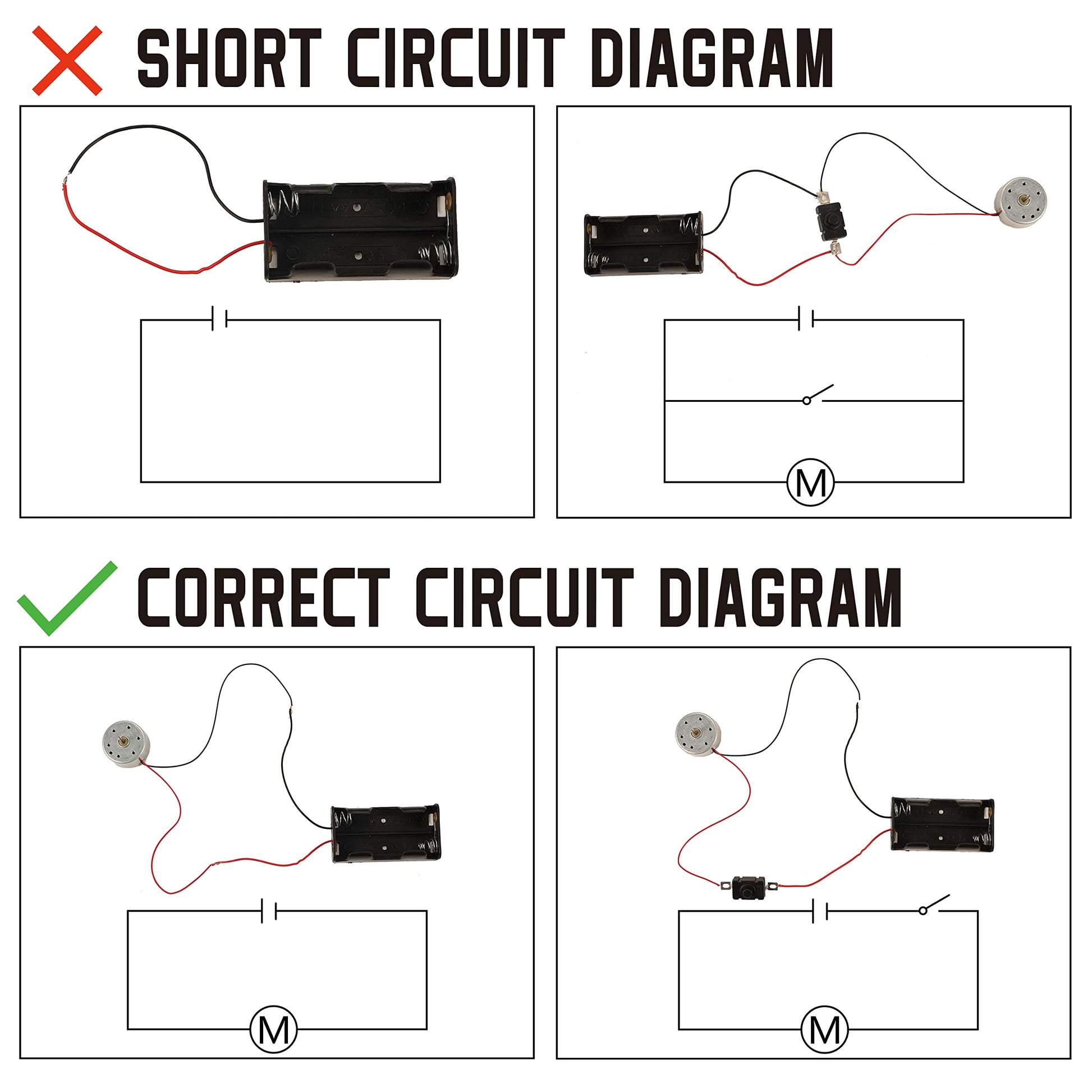 Instruction booklet page displaying clear circuit wiring diagrams for kids science projects.