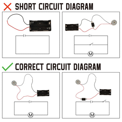Instruction booklet page displaying clear circuit wiring diagrams for kids science projects.