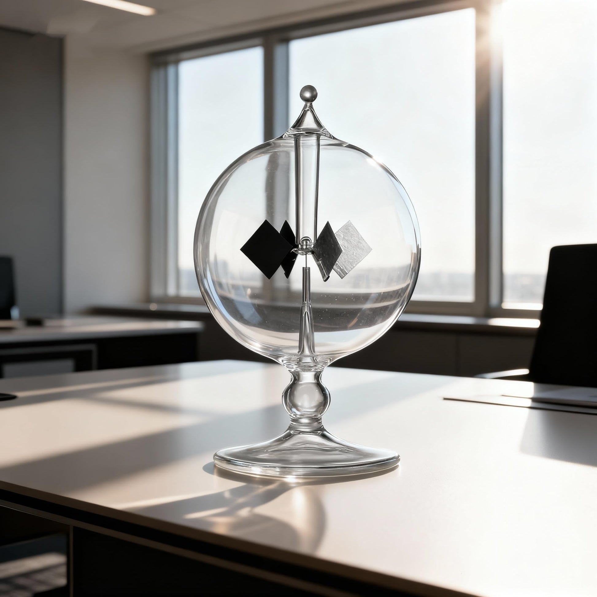 DORAMI educational Crookes radiometer glass bulb showing the black and silver sides of the paddles.