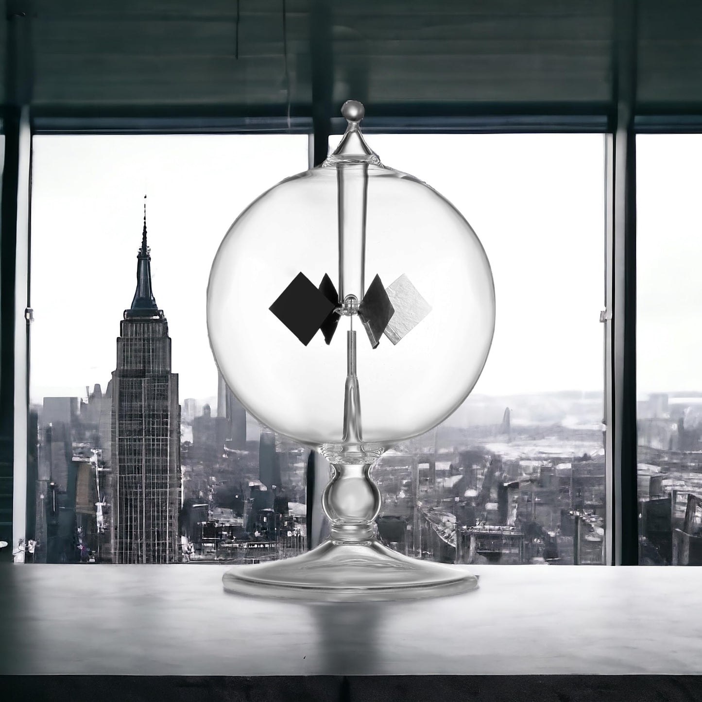 Side profile of the transparent DORAMI Crookes radiometer demonstrating thermodynamic kinetic movement.