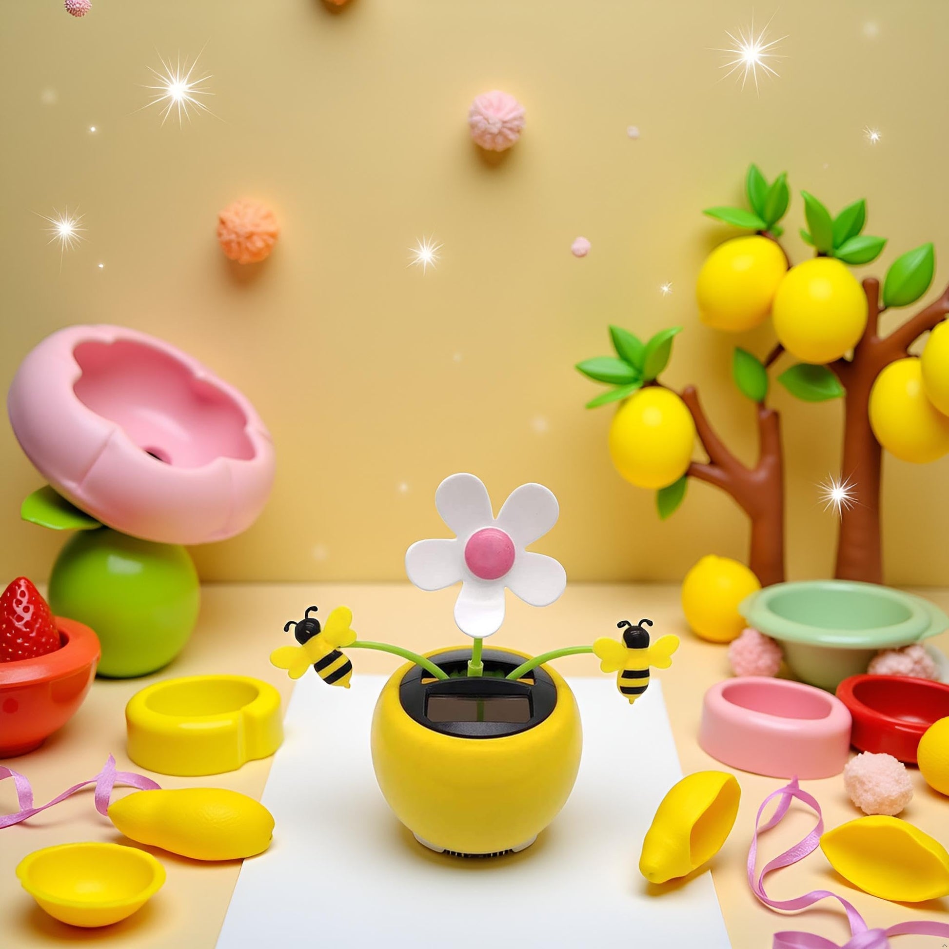 SquarezhenBo solar swinging flower ornament showing the dual honey bee attachments on the sides