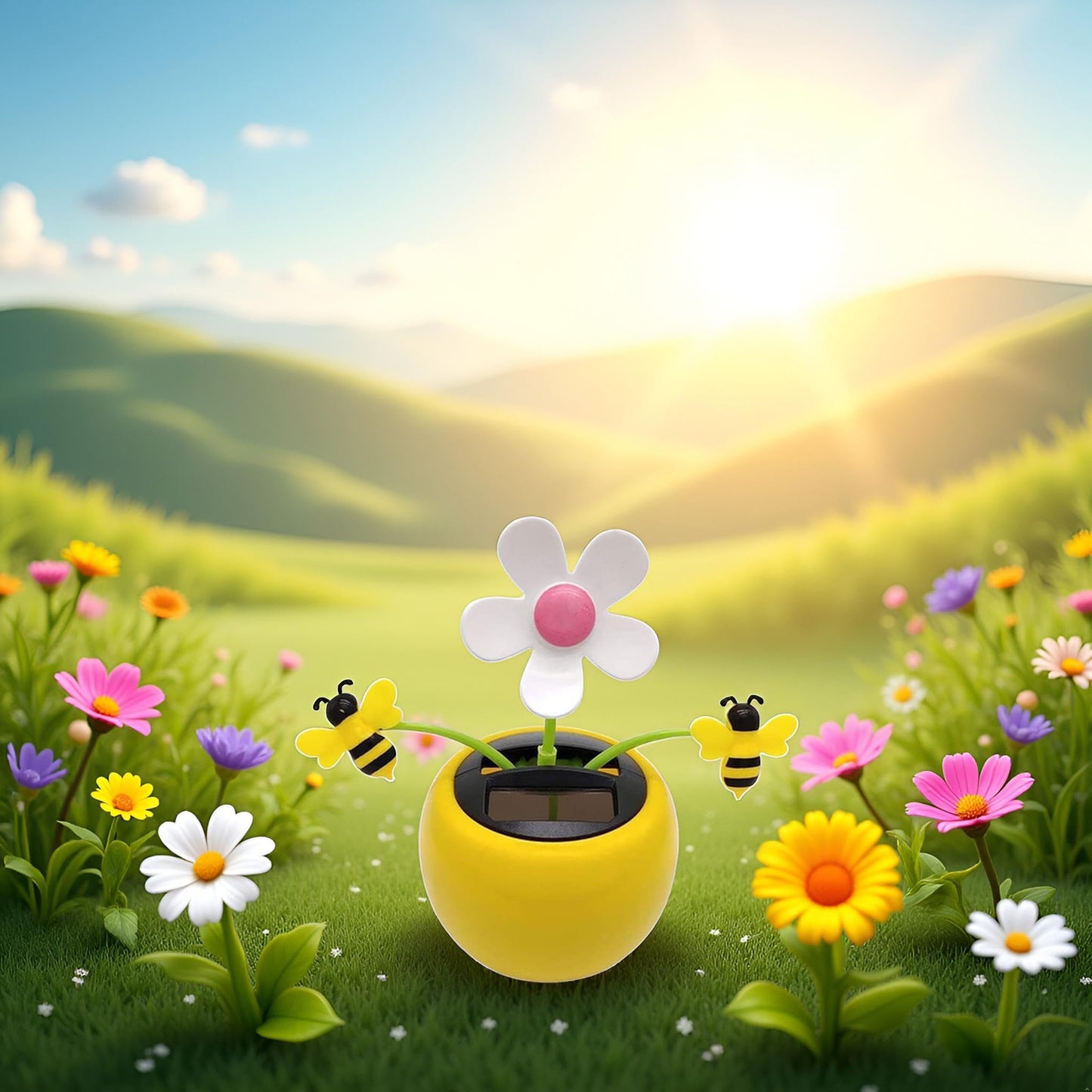 SquarezhenBo flip flap solar flower toy displaying the moving leaves mechanism on a windowsill
