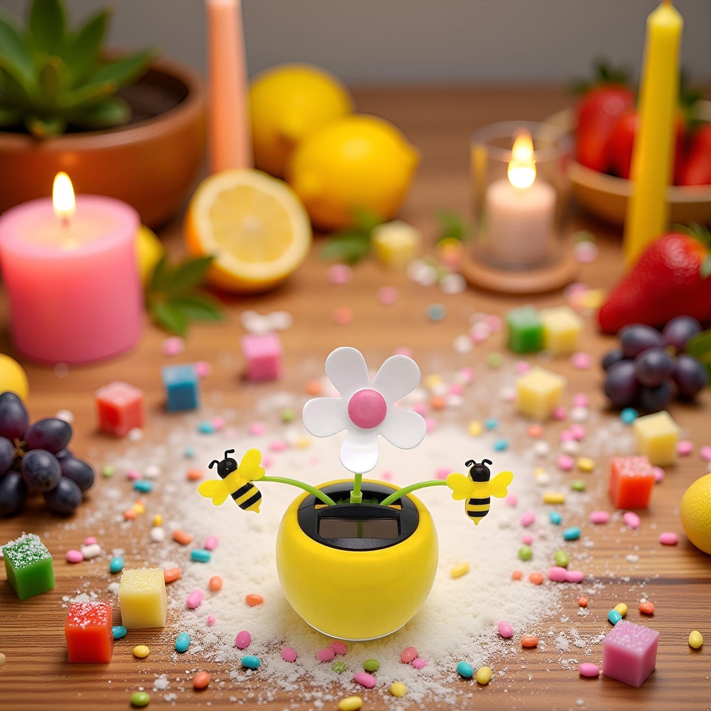SquarezhenBo bee happy solar figurine showing the detailed honey bee accents up close