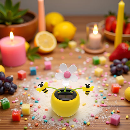 SquarezhenBo bee happy solar figurine showing the detailed honey bee accents up close