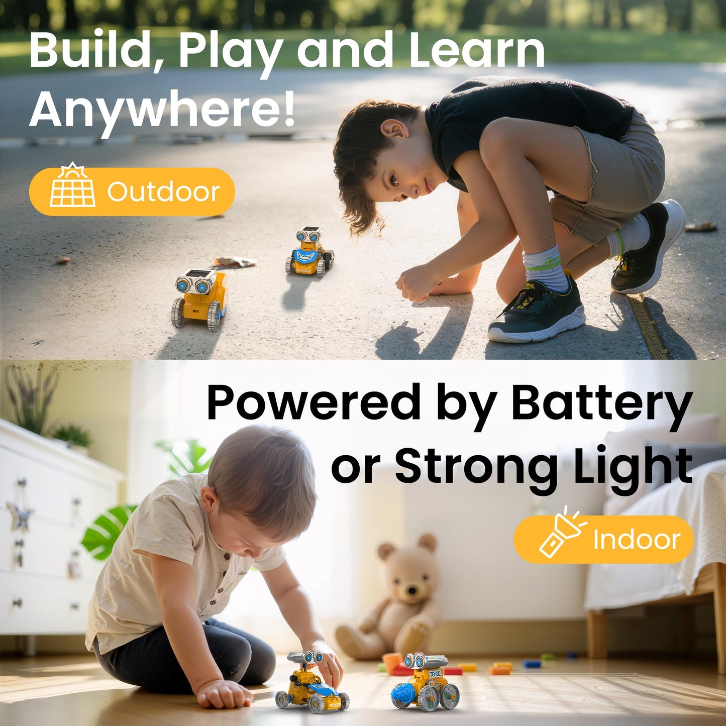 Sillbird solar robotic toy operating outdoors directly under sunlight using its specialized solar energy panel module